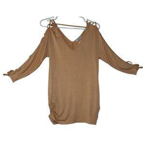 Elesol Women's Off Shoulder Ruched Blouse V Neck 3/4 Sleeves Top Beige, S, NWT.